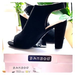 Black chunky booties with open toe